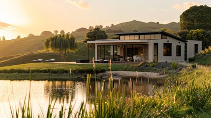 Obraz premium Photograph of a modern farmhouse with large windows and a flat roof, located in New Zealand on a lake surrounded by lush green hills. The image is split into several shots taken from different angles.