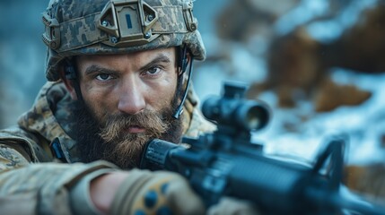 Fototapeta premium Close-up of a bearded soldier in camouflage and tactical gear, aiming with a rifle in a snowy, mountainous area.
