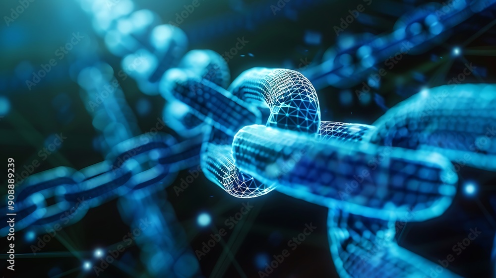 Poster close up of a digital chain link glowing blue. this is an abstract representation of connections and