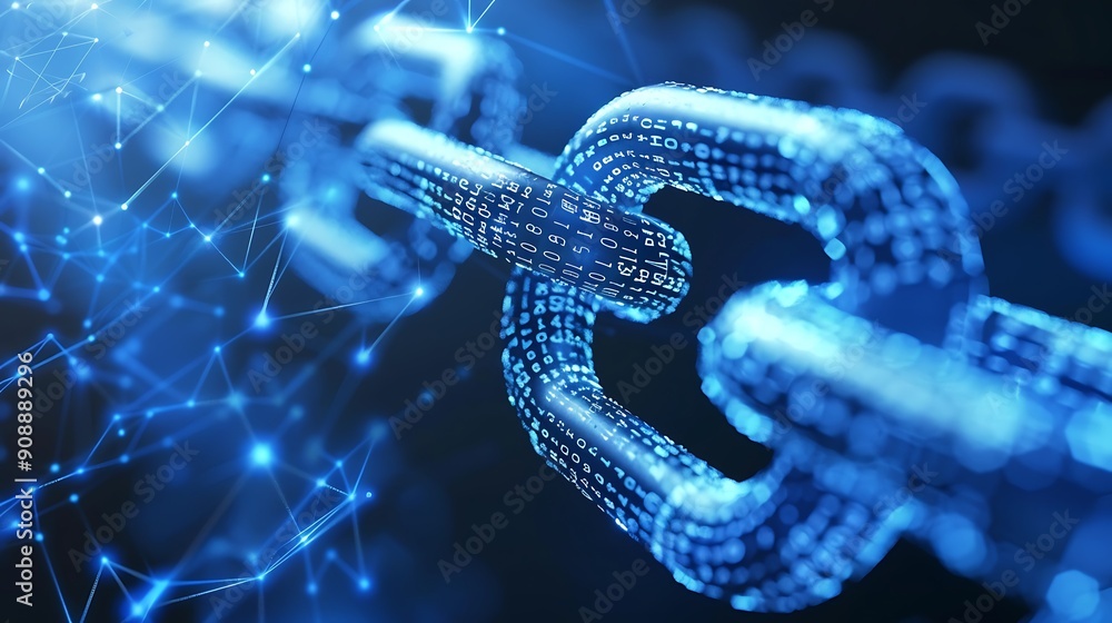 Poster abstract depiction of a digital chain representing data security and connectivity.