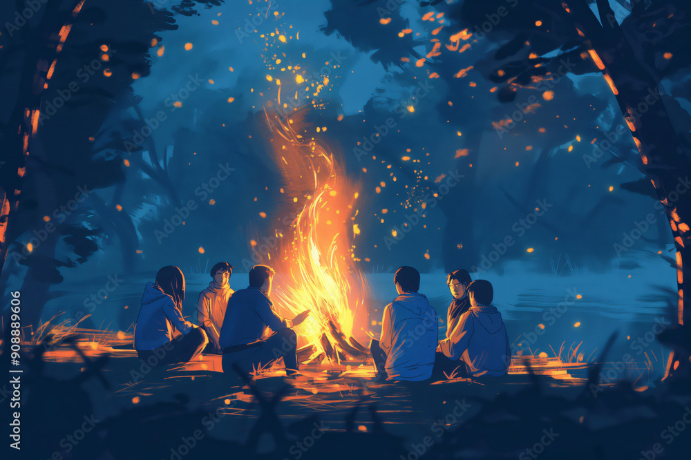 Poster group of friends is illuminated by a bonfire, creating a warm and inviting atmosphere in the heart o