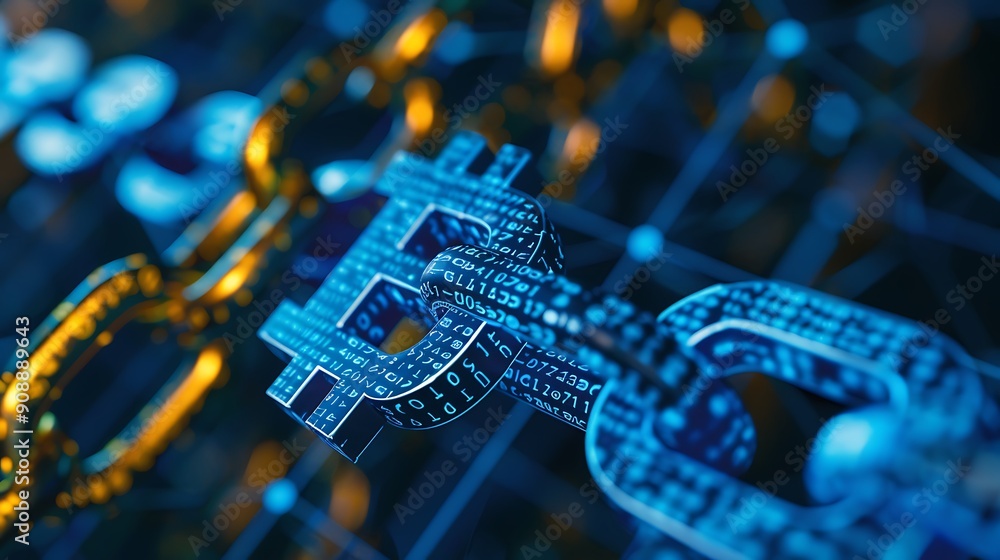 Poster close up of a bitcoin symbol as part of a blockchain chain showcasing the concept of decentralized f