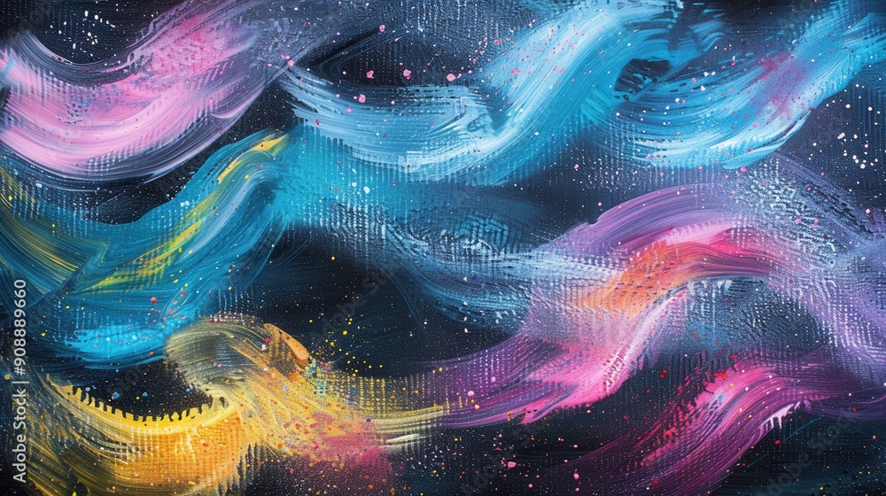 Poster colorful brushstrokes bring life to a dark green chalkboard, creating a dynamic atmosphere for creat
