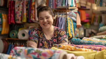 Smiling young woman with Down syndrome in a clothing store.