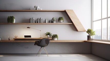 Minimalist workspace with floating shelves and geometric decor
