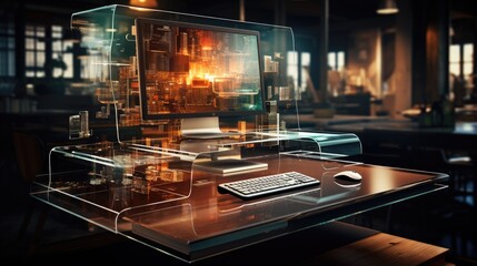 Modern office desk with a transparent computer and floating digital files