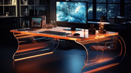 Modern office desk with a transparent computer and floating digital files