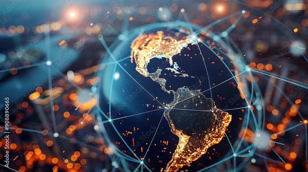 Poster digital illustration of the earth as a network with glowing lights and connected lines.