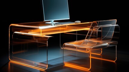 Modern office desk with a transparent computer and floating digital files