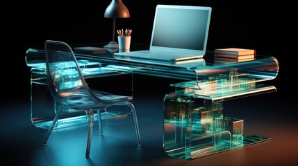 Modern office desk with a transparent computer and floating digital files