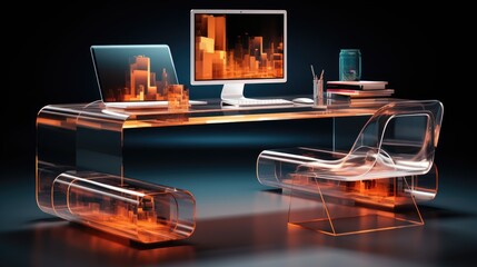 Modern office desk with a transparent computer and floating digital files