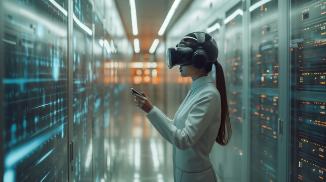 A woman in a VR headset interacts with a smartphone in a futuristic data center filled with servers and neon lights.
