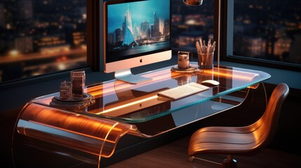 Modern office desk with a transparent computer and floating digital files
