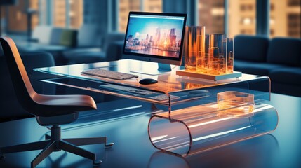 Modern office desk with a transparent computer and floating digital files