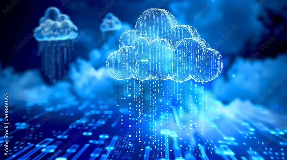 Poster digital cloud with binary code raining down symbolizing the concept of cloud computing and data stor