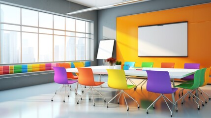Modern office meeting room with a large whiteboard and colorful sticky notes