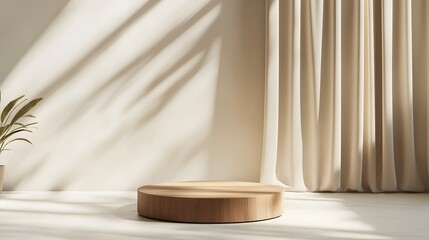 A minimal and elegant podium stage with soft beige tones, adorned with beautiful silk curtains. The background features a neutral color palette for an uncluttered look
