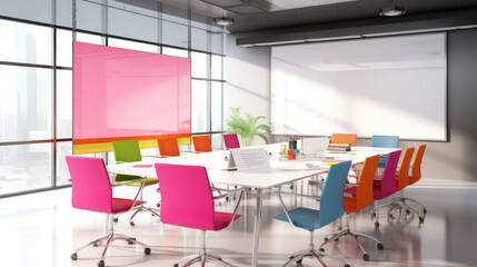 Modern office meeting room with a large whiteboard and colorful sticky notes