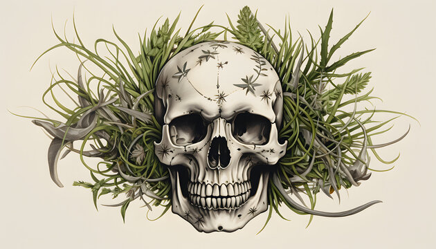 Tribal Skull and Rosemary Tattoo lowbrow surrealist illustratration