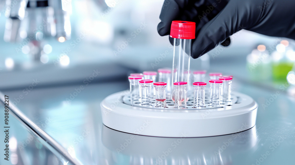 Poster test tubes in laboratory experiment. a scientist wearing gloves is handling a test tube with a red c