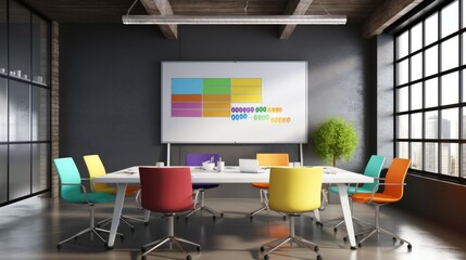 Modern office meeting room with a large whiteboard and colorful sticky notes