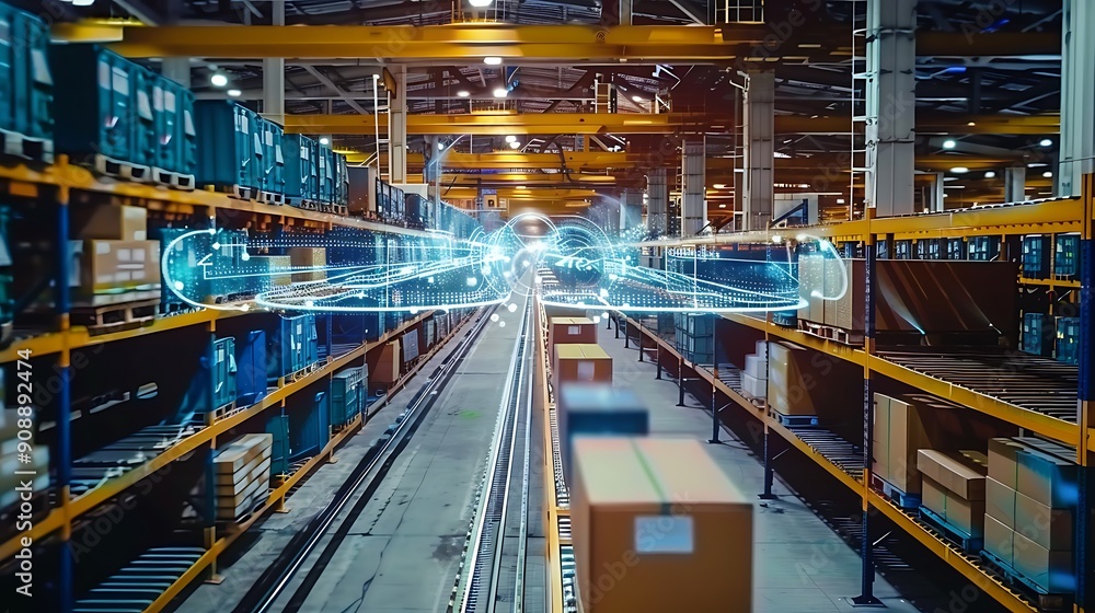 Poster modern warehouse with automated systems and a digital overlay showcasing data and workflow.