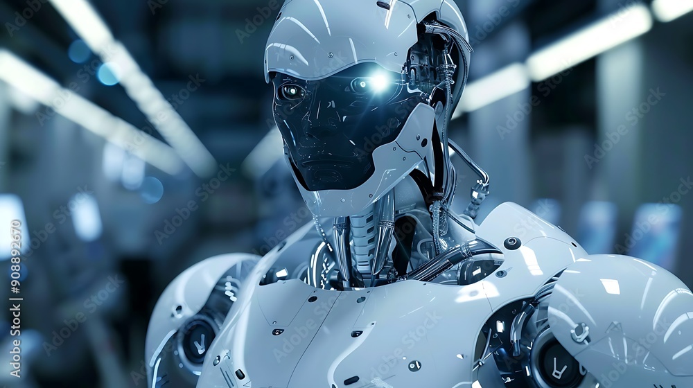 Poster portrait of a futuristic robot with a white metallic body and glowing eyes. it stands in a factory s