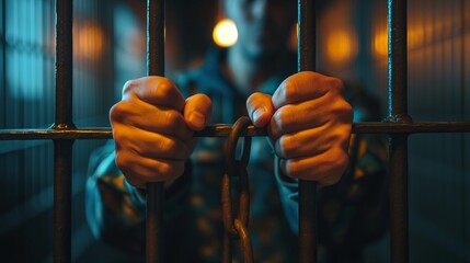 Hands gripping prison bars in a dimly lit cell, evoking a sense of confinement and desperation.