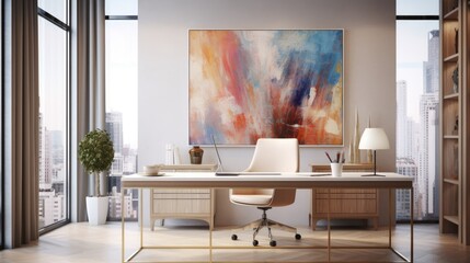 Modern workspace with glass desk and abstract art on wall