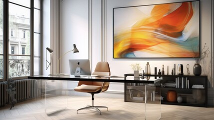 Modern workspace with glass desk and abstract art on wall