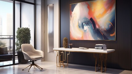 Modern workspace with glass desk and abstract art on wall
