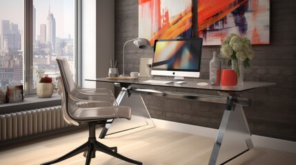 Modern workspace with glass desk and abstract art on wall