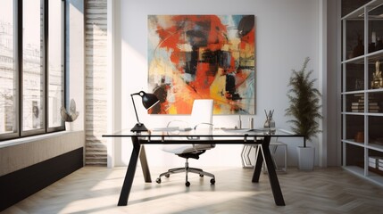 Modern workspace with glass desk and abstract art on wall