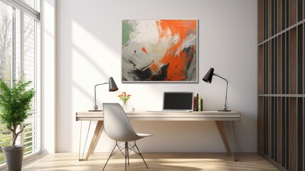 Modern workspace with glass desk and abstract art on wall