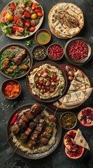 Fototapeta premium An array of Middle Eastern dishes featuring grilled meats, fresh salads, dips, and vibrant pomegranate garnishes