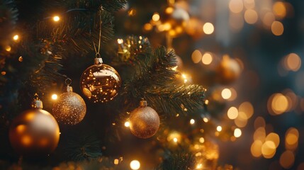 Cinematic medium shot of a beautifully decorated Christmas tree with twinkling lights and ornaments, captured with soft natural light