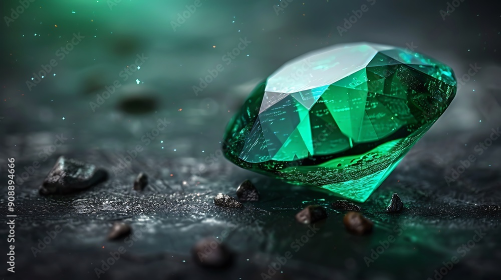 Poster glistening emerald gemstone expertly cut and polished rests on a dark textured surface. the gem's fa