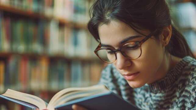 Contemplative Reader Lost in Thought While Engrossed in a Book in a Library