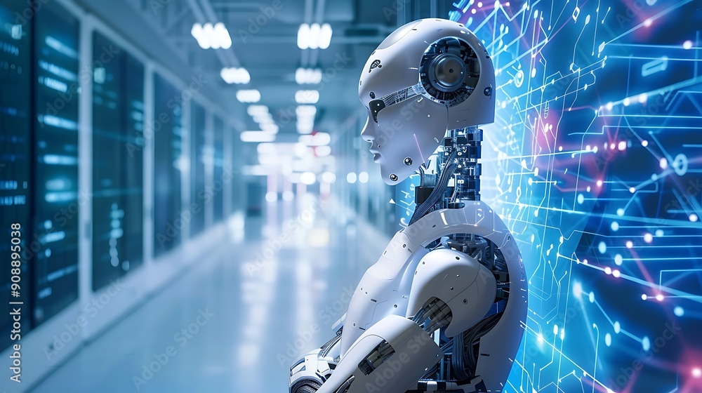 Poster futuristic a robot standing in a server room representing the integration of artificial intelligence