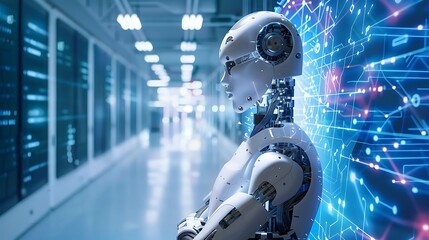 Futuristic a robot standing in a server room representing the integration of artificial intelligence into the digital realm.