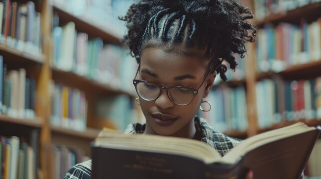 Contemplative Reader Immersed in Thoughtful Reading at a Library