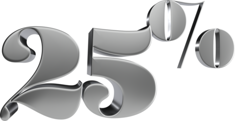 Isolated 3d number sales discount price 25 percent, silver glossy, Realistic matel