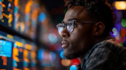 Man in glasses focused on computer screens with data visuals in the background.
