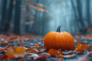 pumpkins on a rainy day, fall leaves, fall background, fall mood