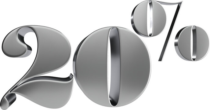 Isolated 3d number sales discount price 20 percent, silver glossy, Realistic matel