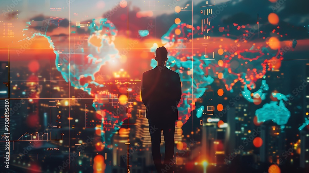 Poster silhouette of a man standing in front of a cityscape with a world map and data overlay representing 