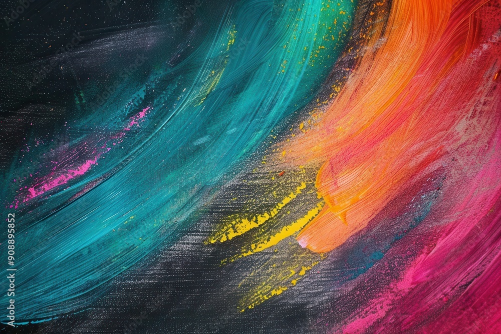 Poster Colorful brushstrokes create a lively, artistic display on a dark green chalkboard, reflecting creativity and imagination in a classroom environment. Generative AI