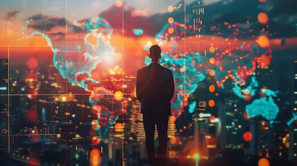 Silhouette of a man standing in front of a cityscape with a world map and data overlay representing global connectivity and future business trends.