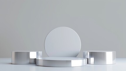 Photo of 3D silver metal podium, detachable stage base, silver metal podium, round stage base, iron shape, white backdrop, cylinder.