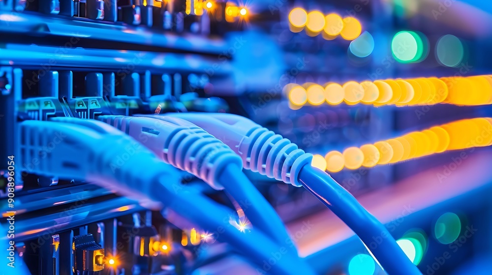 Poster close up of network cables plugged into a server rack showcasing the connection points for data tran
